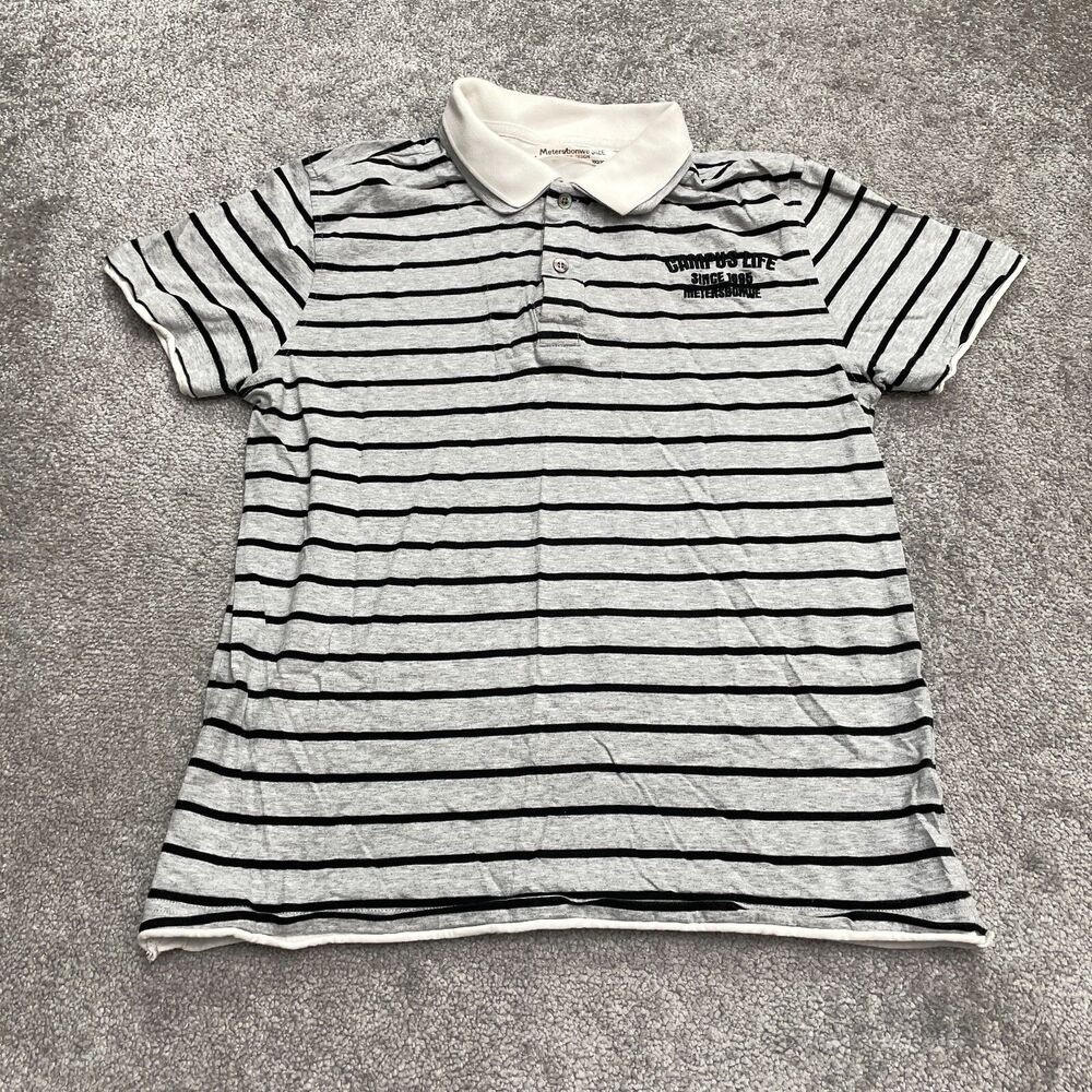 MB Metersbonwe Polo Shirt Kids Boy 180/105 Gray Black Striped Long Sleeve Casual